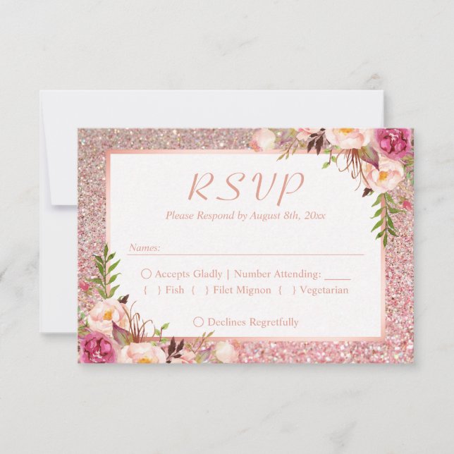 Pink Floral Rose Gold Glitter RSVP Meal Choice Card (Front)