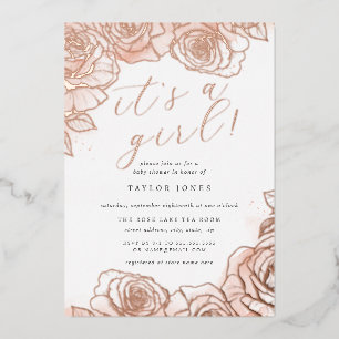 Pink Floral Rose Gold It's a Girl Baby Shower
