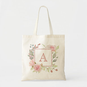 Pink Floral Rose Monogram Tote Bag