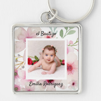 Pink Floral Rose PHOTO BAUTIZO Baptism Girls Named Key Ring