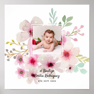 Pink Floral Rose PHOTO BAUTIZO Baptism Girls Named Poster