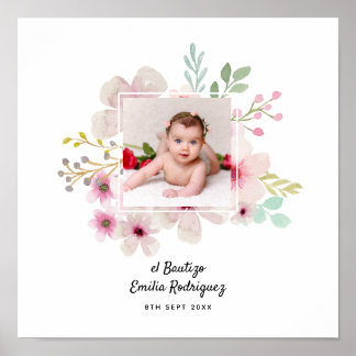 Pink Floral Rose PHOTO BAUTIZO Baptism Girls Named Poster