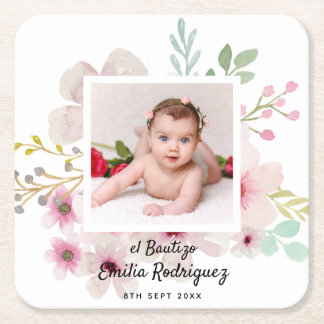 Pink Floral Rose PHOTO BAUTIZO Baptism Girls Named Square Paper Coaster