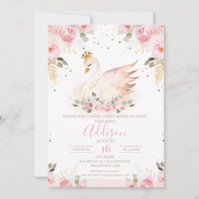 Pink Floral Rose Princess Swan Birthday Invitation (Front)