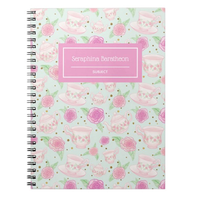Pink Floral Rose Tea Pattern Personalised Notebook (Front)