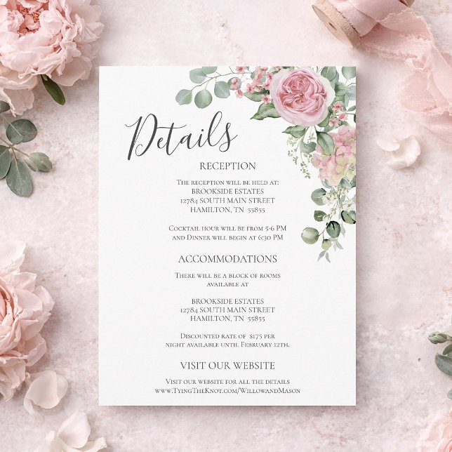 Pink Floral Rose Wedding Details Enclosure Card (Pink Floral Rose Wedding Details Enclosure Card)
