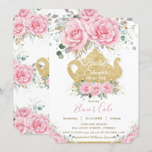 Pink Floral Roses Bridal Shower High Tea Party  Invitation