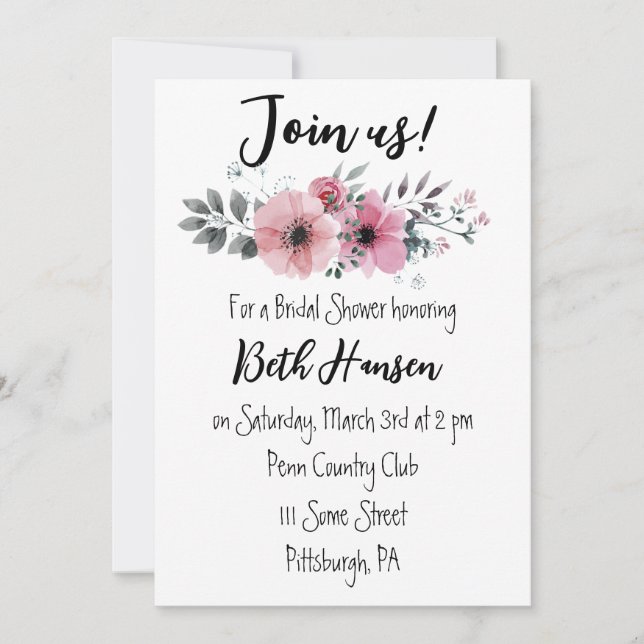 Pink Floral Roses Bridal Shower Invitation (Front)