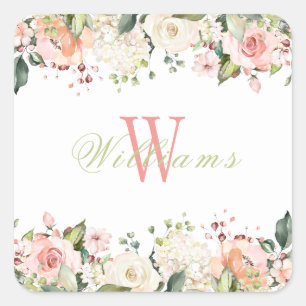Pink Floral Roses Elegant Monogram Name Square Sticker