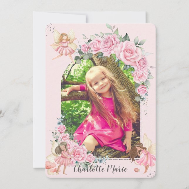 Pink Floral Roses Fairies Arch Birthday Photo Invi Invitation (Front)