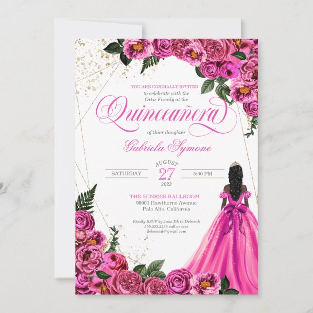 Pink Floral Roses & Gold Elegant Gown Quinceañera  Invitation (Front)