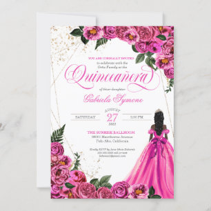 Pink Floral Roses & Gold Elegant Gown Quinceañera  Invitation