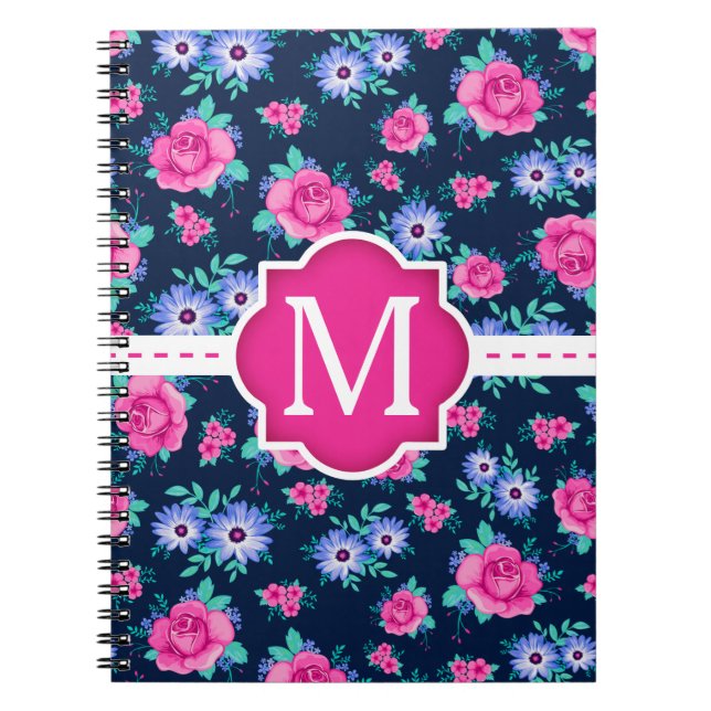 Pink Floral Roses Pattern Custom Monogram Notebook (Front)
