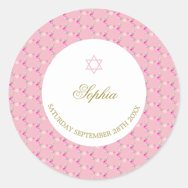 Pink Floral Roses Pattern Jewish Star of David Classic Round Sticker (Front)