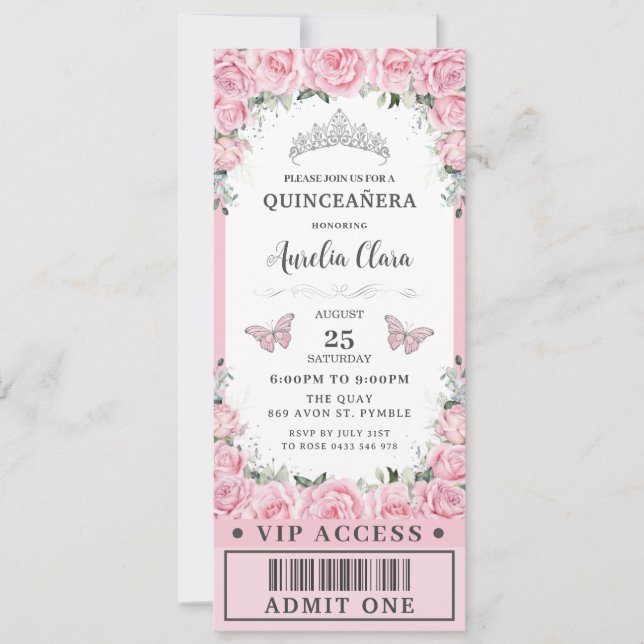 Pink Floral Roses Quinceañera Sweet 16 VIP Ticket Invitation (Front)