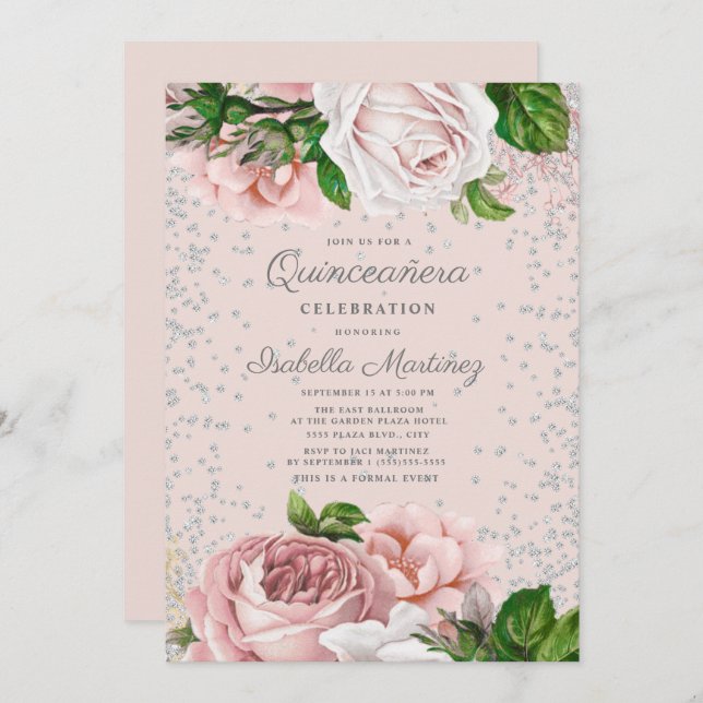 Pink Floral Roses Silver Glitter Quinceañera Invitation (Front/Back)