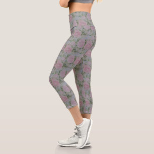 Pink Floral Roses Vintage Capri Leggings