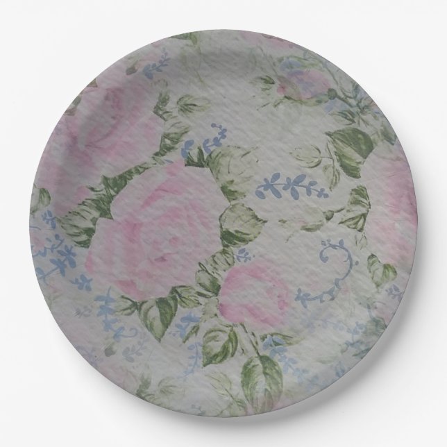 Pink Floral Roses Vintage Paper Plate (Front)
