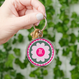 Pink Floral Round Metal Keychain