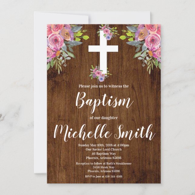 Pink Floral Rustic Baptism Religious Invitation (Front)