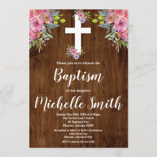 Pink Floral Rustic Baptism Religious Invitation
