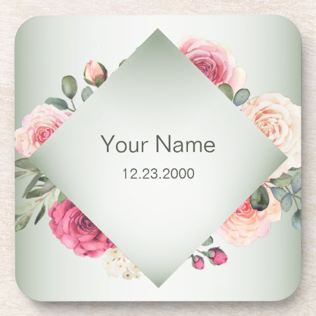 Pink Floral Rustic Geometric Green Party Coaster (Front)