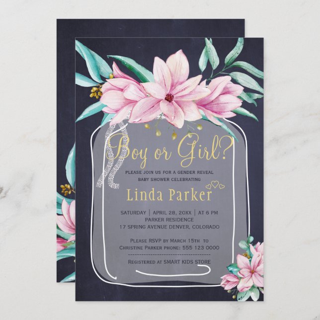 Pink floral rustic gold mason jar gender reveal invitation (Front/Back)