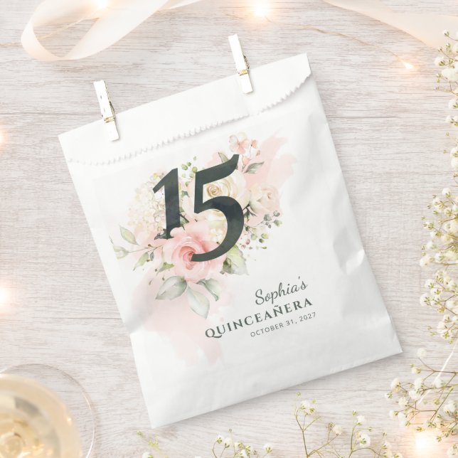 Pink Floral Rustic Quinceanera 15th Birthday Party Favour Bag (Clipped)