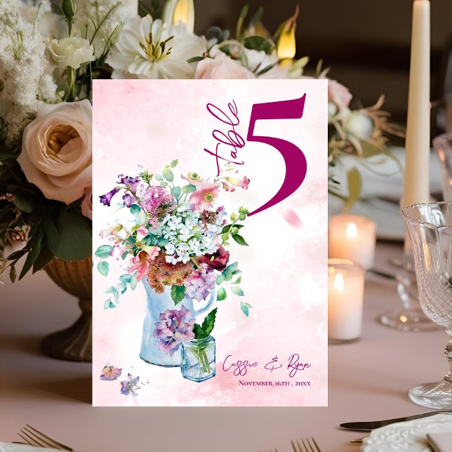 Pink Floral Rustic Wildflower Wedding Table Number (Pink Floral Rustic Wildflower Wedding Table Number)