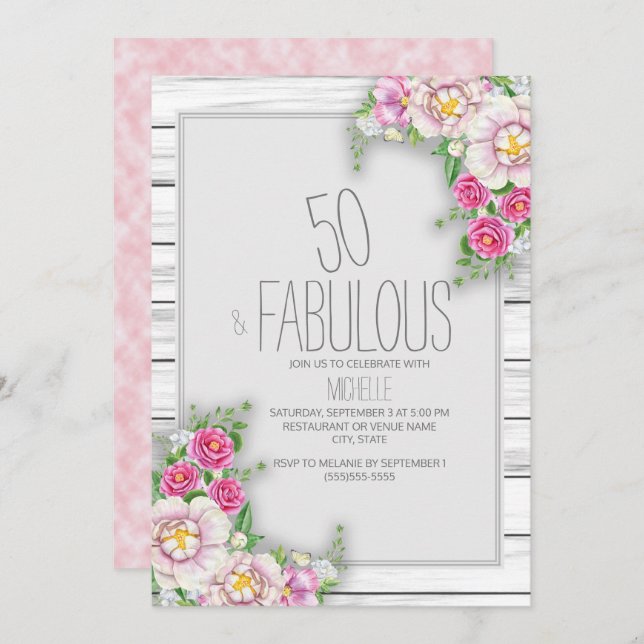 Pink Floral Rustic Wood 50th Birthday Invitation (Front/Back)
