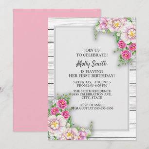 Pink Floral Rustic Wood Baby Girl First Birthday Invitation