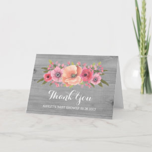 Pink Floral Rustic Wood Baby Shower Thank You Card