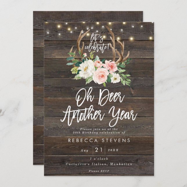 pink floral rustic wood lights birthday party invitation (Front/Back)
