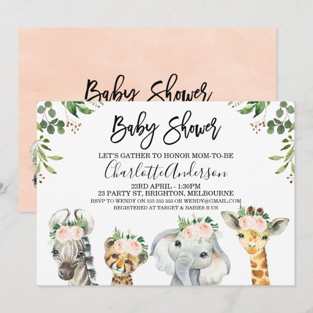Pink  Floral Safari Animals Baby Shower Invitation (Front/Back)