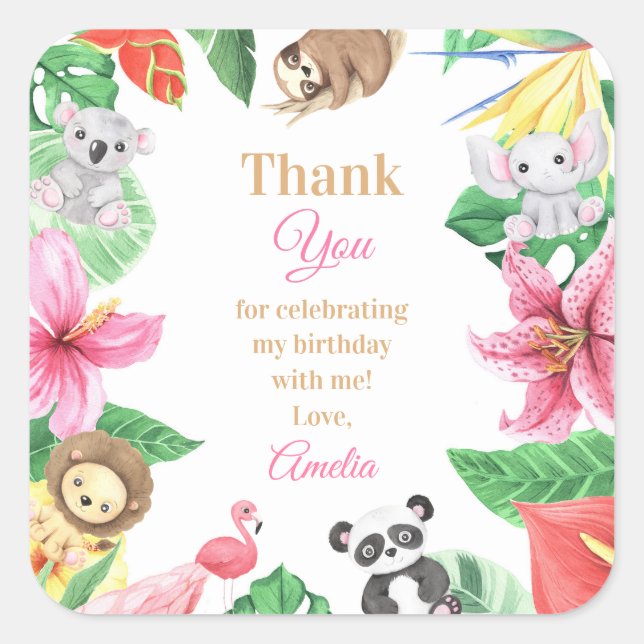 Pink Floral Safari Animals Birthday Thank You Square Sticker (Front)