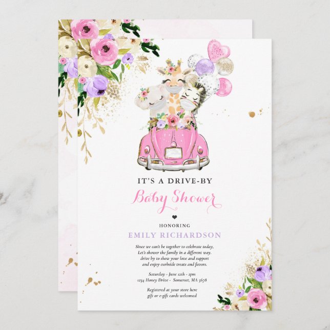 Pink Floral Safari Animals Drive By Baby Shower Invitation (Front/Back)
