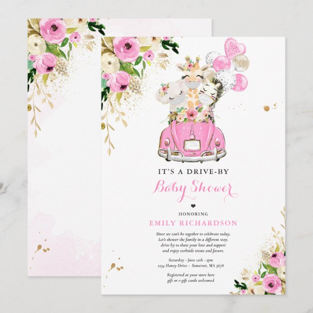 Pink Floral Safari Animals Drive By Baby Shower Invitation (Front/Back)