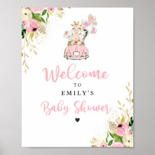Pink Floral Safari Animals Drive By Baby Shower Poster