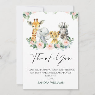 Pink Floral Safari Baby Shower Thank You Card