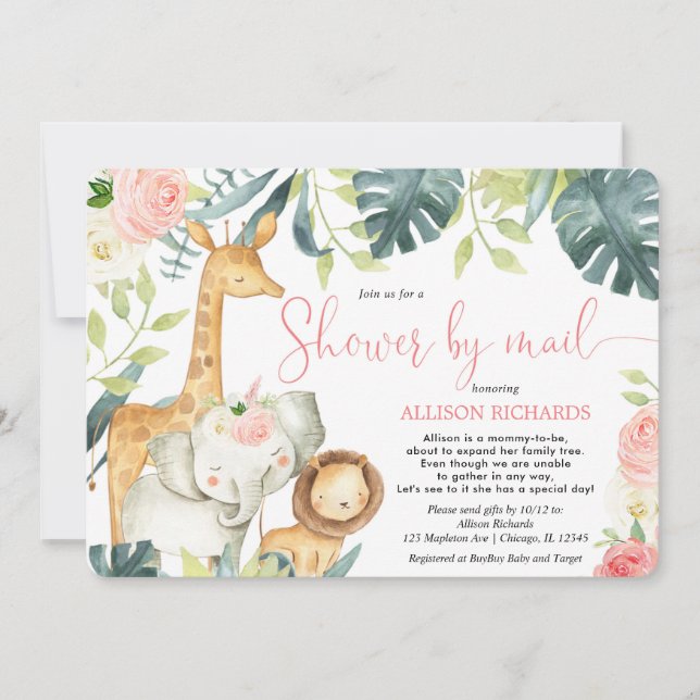 Pink floral safari Shower by mail girl baby shower Invitation (Front)