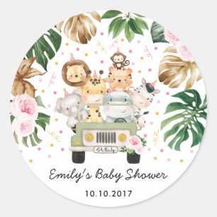 Pink Floral Safari Wild Animals Baby Shower Favour Classic Round Sticker