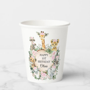 Pink Floral Safari Wild Animals Happy Birthday Paper Cups