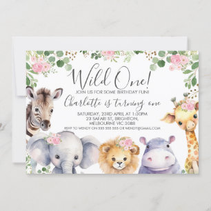 Pink Floral Safari Wild One Birthday Invitation