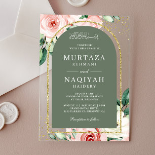 Pink Floral Sage Green Arch Muslim Wedding Acrylic Invitations