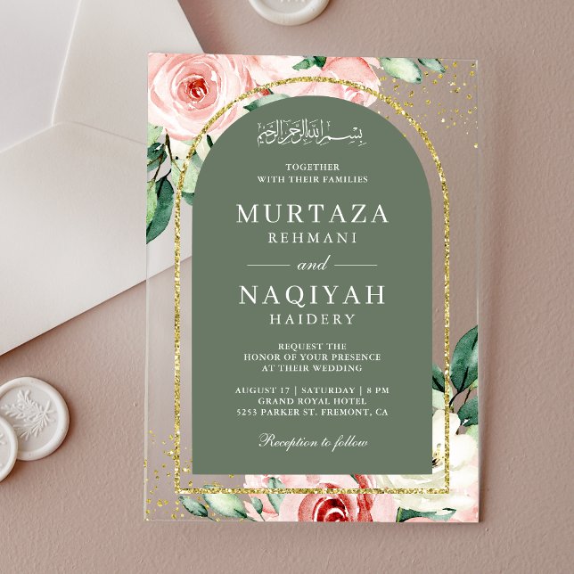 Pink Floral Sage Green Arch Muslim Wedding Acrylic Invitations (Creator Uploaded)