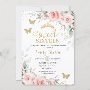 Pink Floral Sage Green Butterflies Sweet Sixteen Invitation