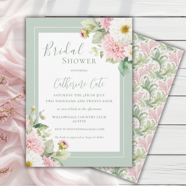 Pink Floral Sage Green Elegant Bridal Shower Invitation (Creator Uploaded)