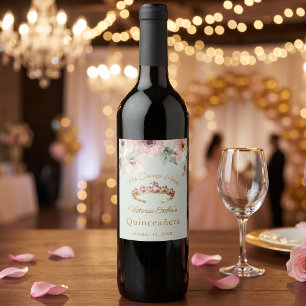 Pink Floral Sage Green Gold Tiara Quinceañera Wine Label