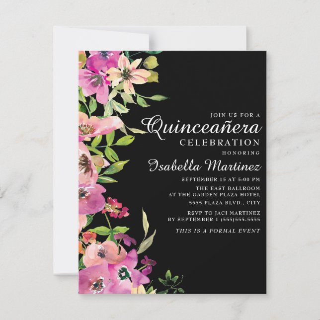 Pink Floral Sage Green Leaves Black Quinceañera Invitation (Front)
