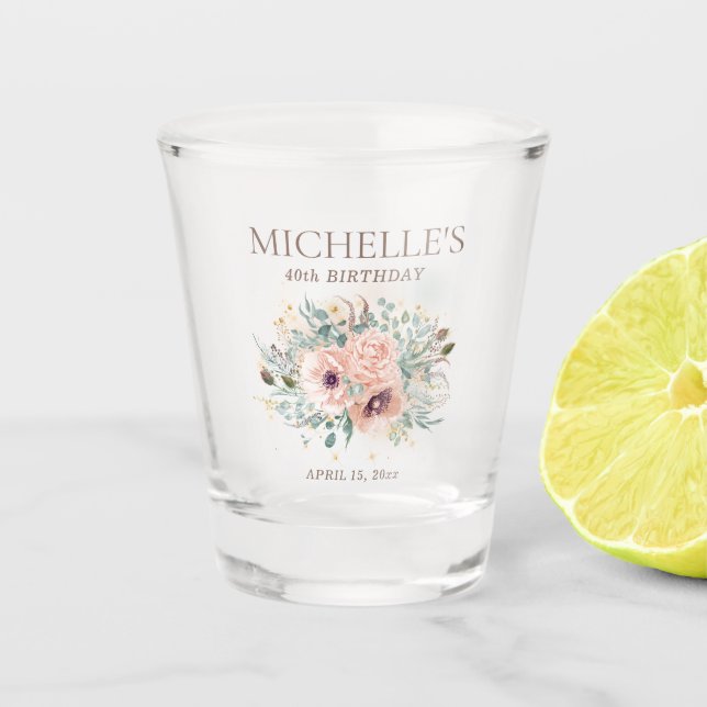 Pink Floral Sage Green Leaves Glitter Birthday Shot Glass (Front)